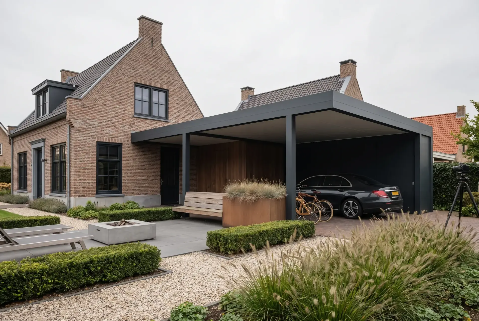 Moderner Carport in anthrazitfarbenem Aluminium neben einem Haus