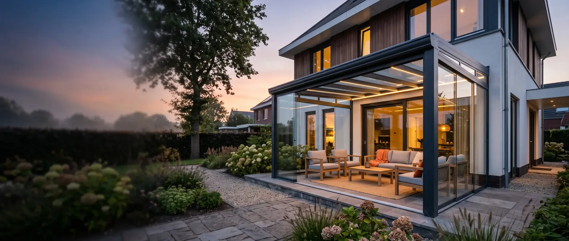 Komplett geschlossene Aluminium-Veranda von VerandaSicher mit Glasseitenwand und Schiebetür