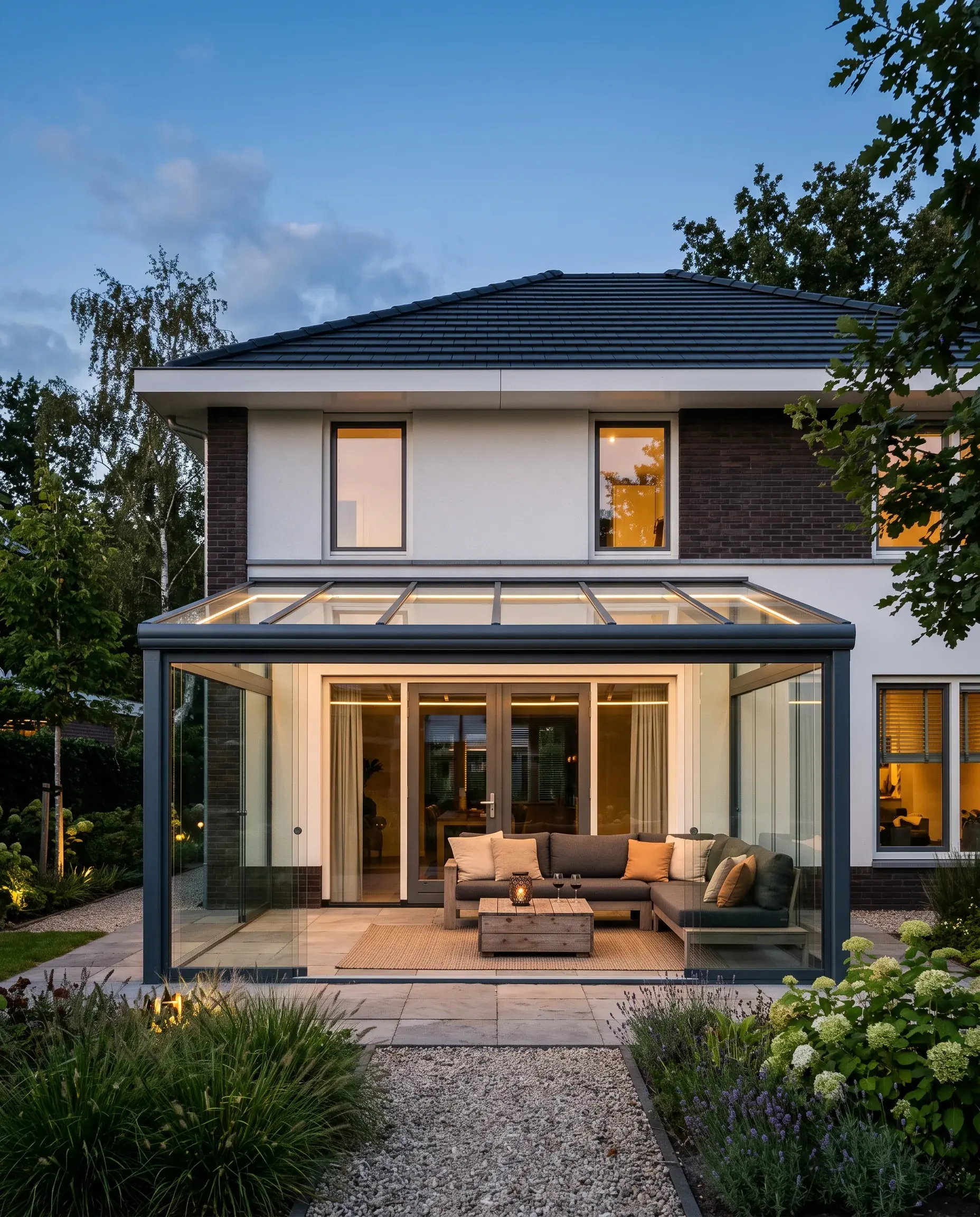 Komplett geschlossene Aluminium-Veranda von VerandaSicher mit Glasseitenwand und Schiebetür